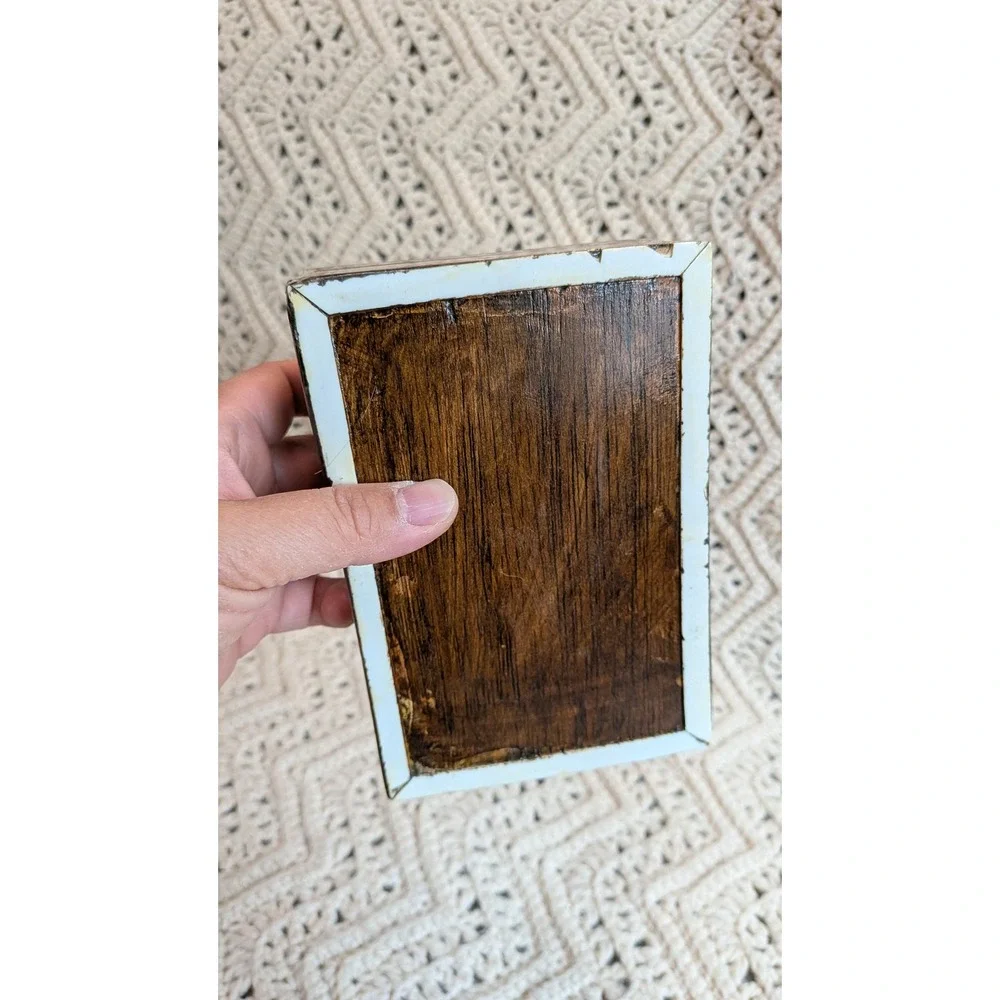 Vintage Mosaic Marquetry Wood Jewelry Box Mother of Pearl Inlay Keepsake